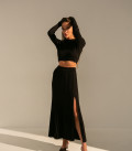 Suit crop top longsleeve and pleated skirt with a black slit