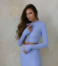 Suit crop top long sleeve and pleated skirt with a slit cornflower blue