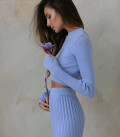 Suit crop top long sleeve and pleated skirt with a slit cornflower blue