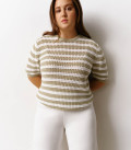 T-shirt made of openwork fabric in a stripe light olive