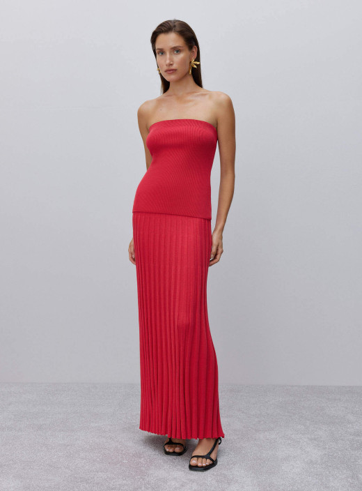 Комплект топ бандо в резинку та максі спідниця гофре червоний
